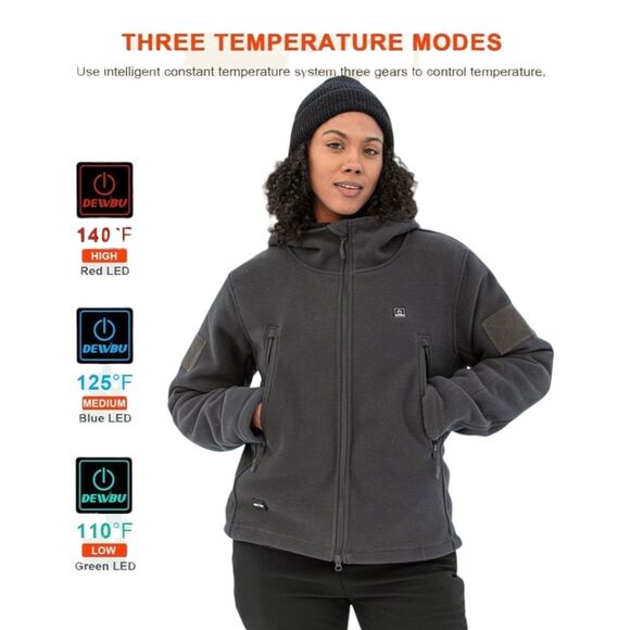 Dewbu Heated Hooded Parka Polar Fleece Jacket XL - 12V Battery & 3 Heat Settings - Picture 11 of 14